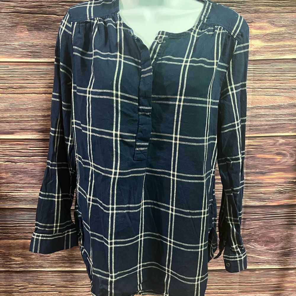 Nine West Sz M Womens Navy White Plaid Top